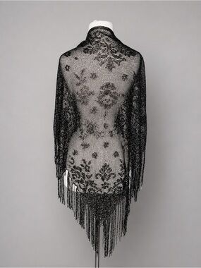 Vintage Japanese Black Gold Metallic Fringe Shawl Wrap Sheer One Size